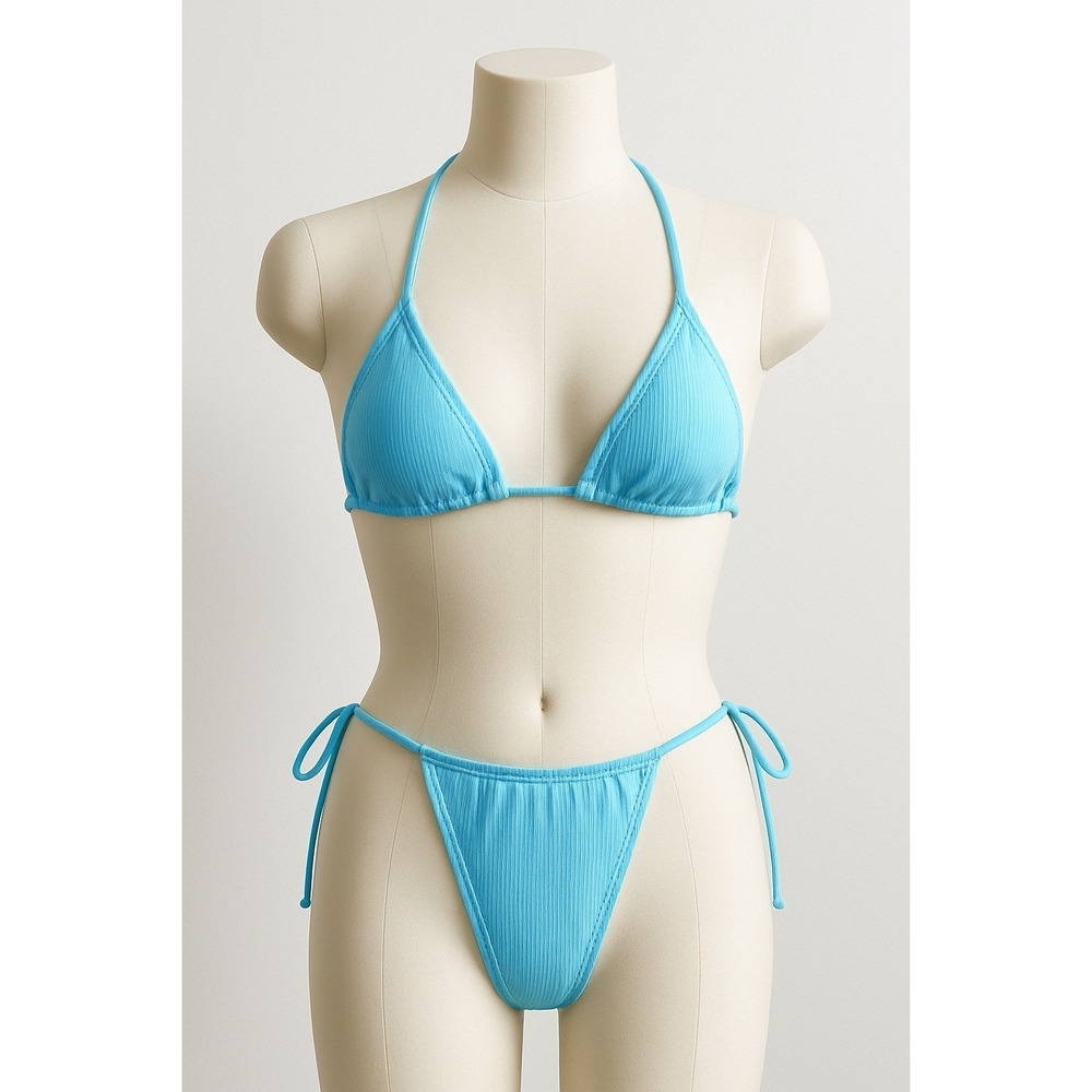 Unbranded Womens Bikini Set Small Blue Ribbed Triangle Two Piece Y2K Baddie